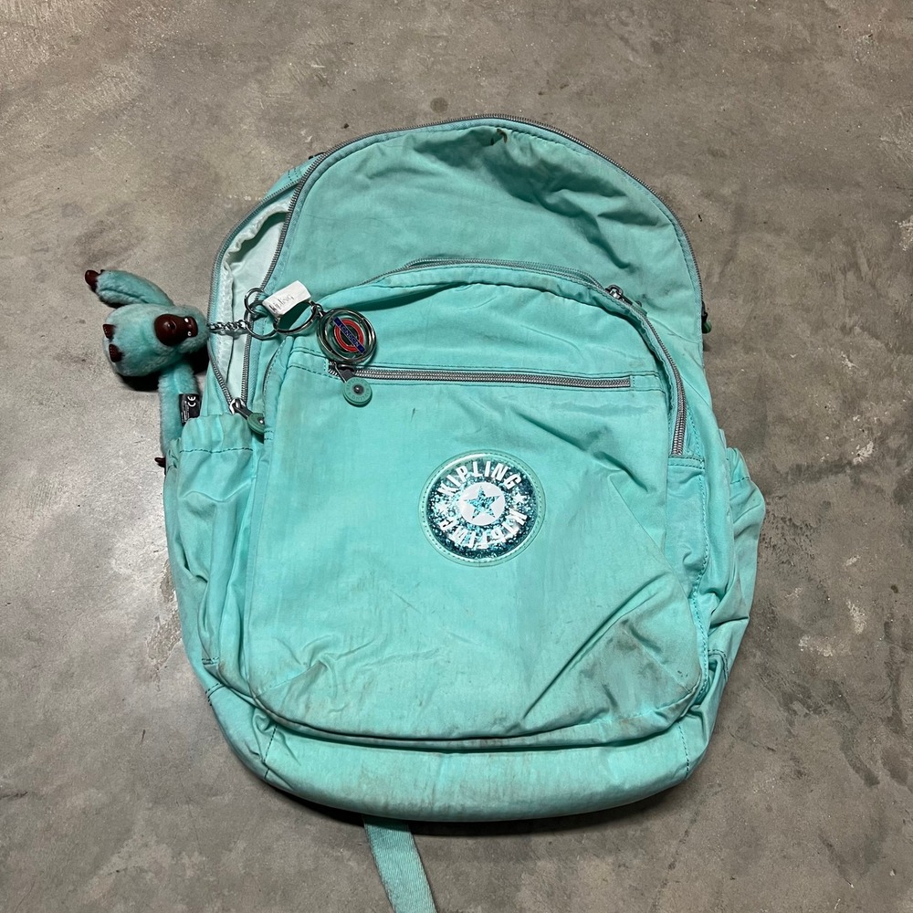 Kipling Seoul Large Backpack Aqua Teal Crinkle Nylon Glitter Star Logo Monkey